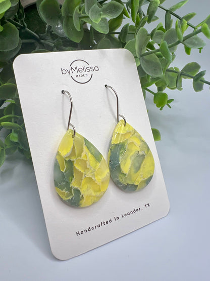 Yellow and Sage Small Wide Teardrop Drop Earrings in Silver