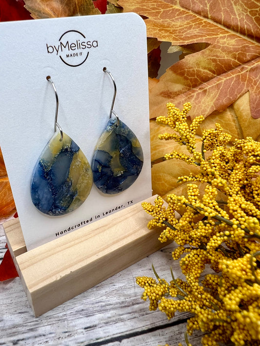 Navy and Mustard Small Wide Teardrop Drop Earrings in Silver