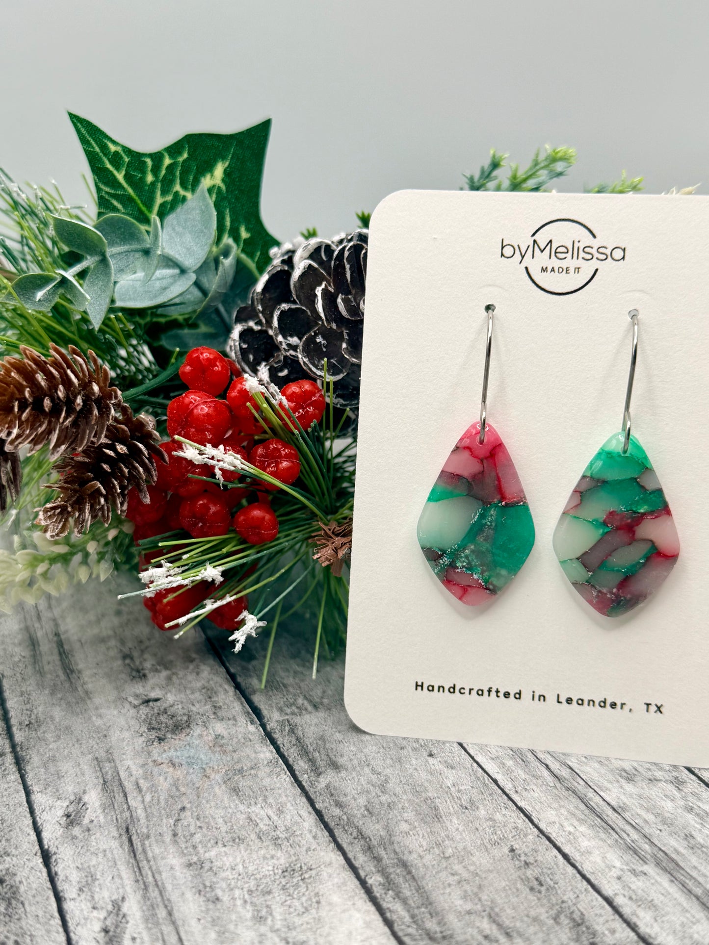 Red and Green Small Kite Drop Earrings in Silver