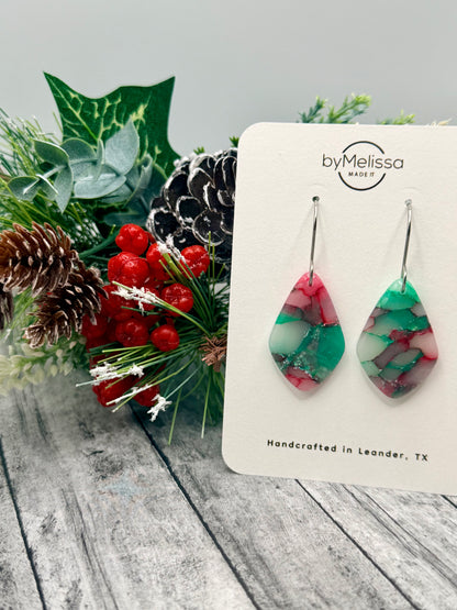 Red and Green Small Kite Drop Earrings in Silver