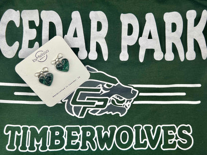 Cedar Park High School earrings, green and black CPHS spirit jewelry, Timberwolves game day accessory