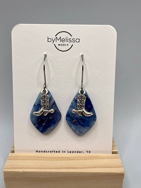 Navy and Columbia Blue Kite Earrings with Boot Charm in Silver