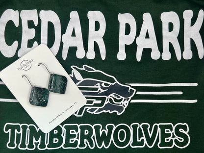 Cedar Park High School earrings, green and black CPHS spirit jewelry, Timberwolves game day accessory
