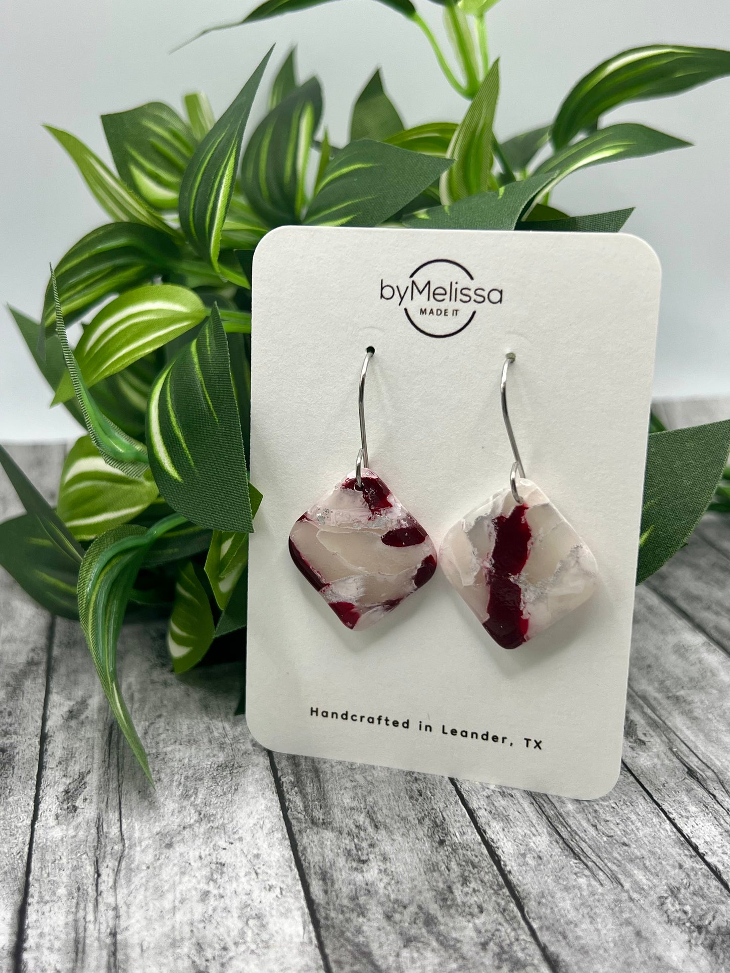 Maroon and White Small Rounded Square Drop Earrings in Silver