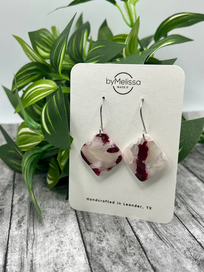 Maroon and White Small Rounded Square Drop Earrings in Silver