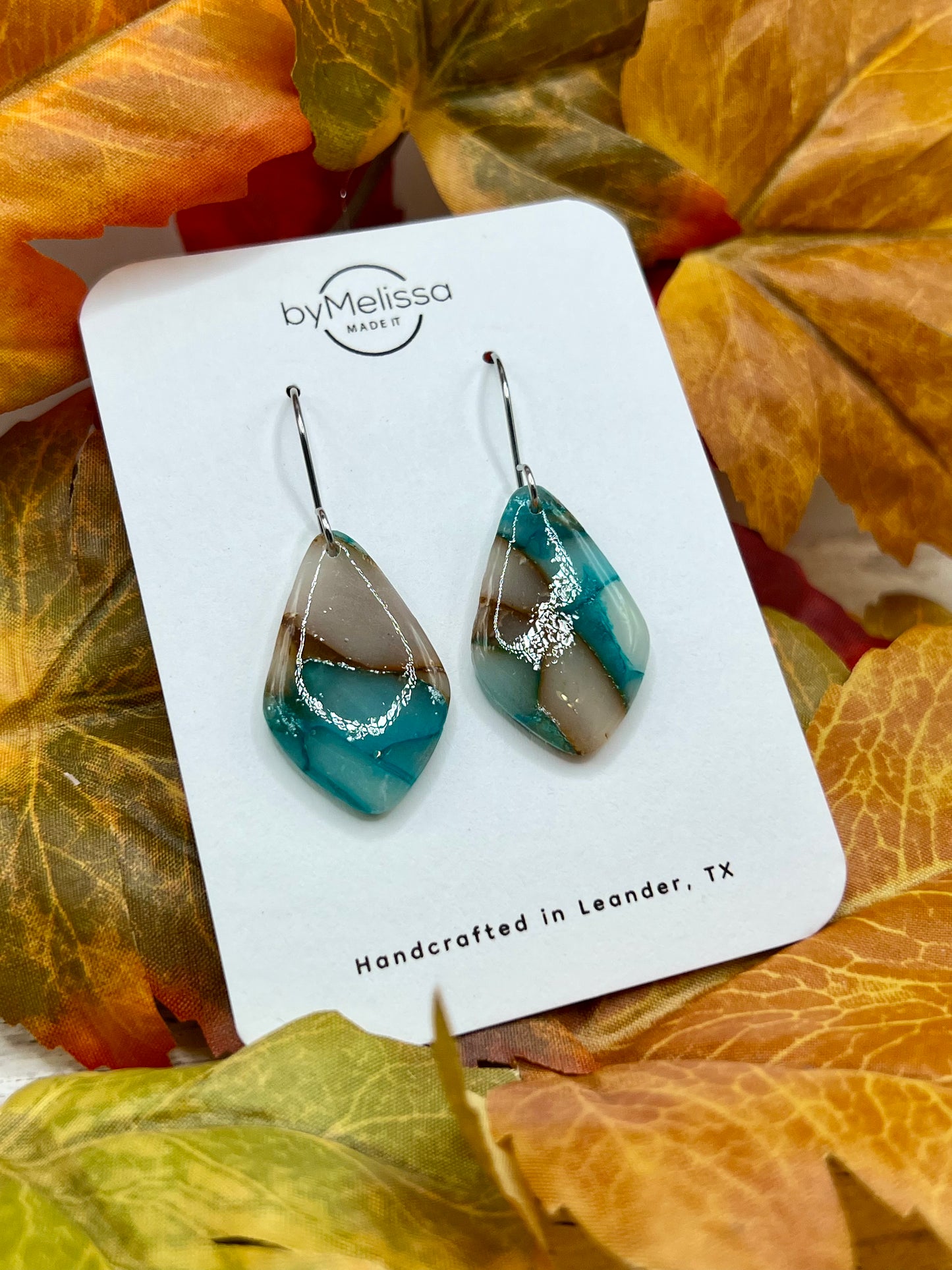Mocha and Teal Small Kite Drop Earrings in Silver