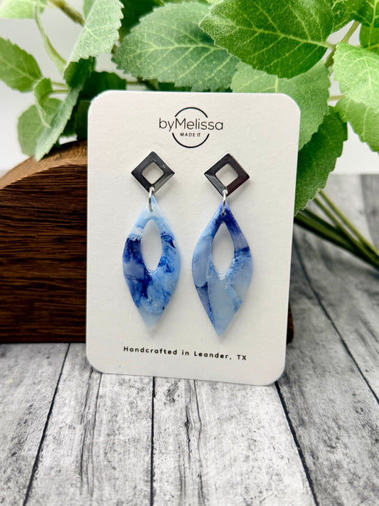 Navy and Columbia Blue Marquise Teardrop Center Cutout Drop with Open Silver Diamond Studs