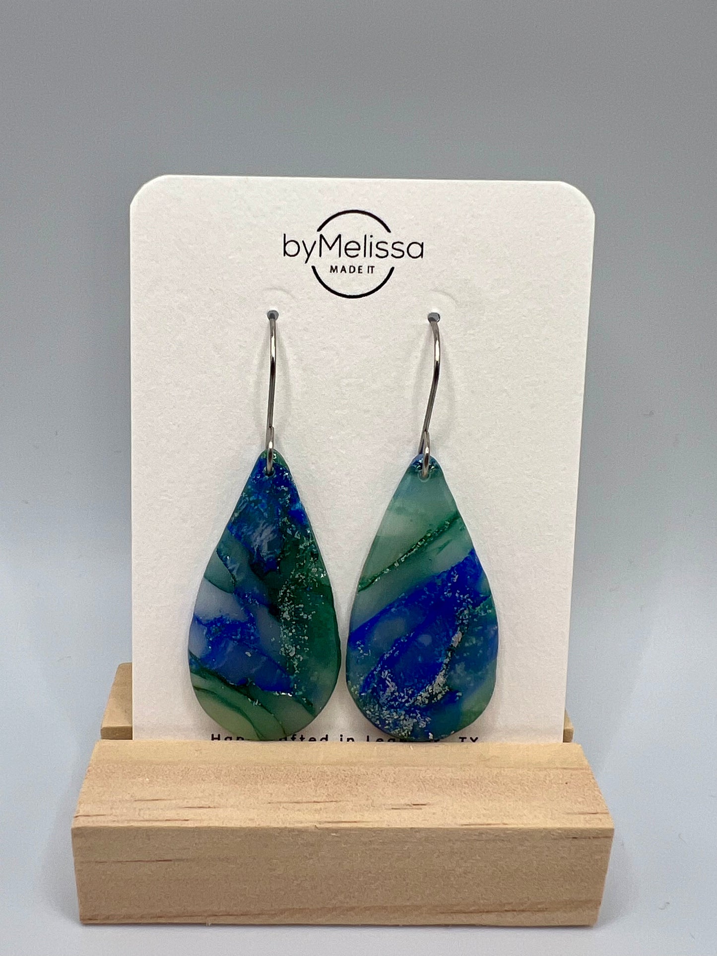 Forest Green and Blue Small Teardrop Drop Earrings in Silver