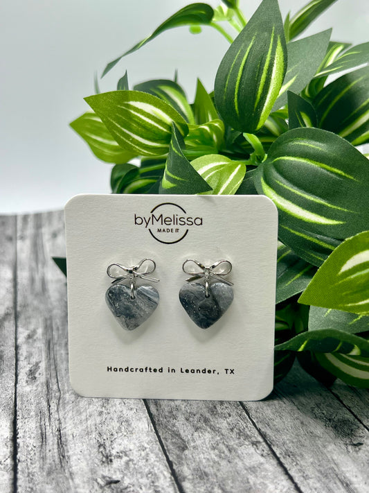Black and White Heart Bowknot Earrings in Silver