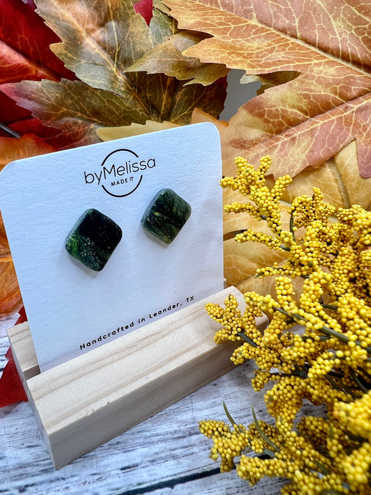 Citrus Green and Black Rounded Square Stud Earrings