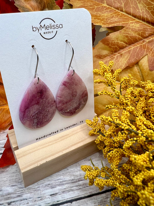 Plum and Pink Small Wide Teardrop Drop Earrings in Silver