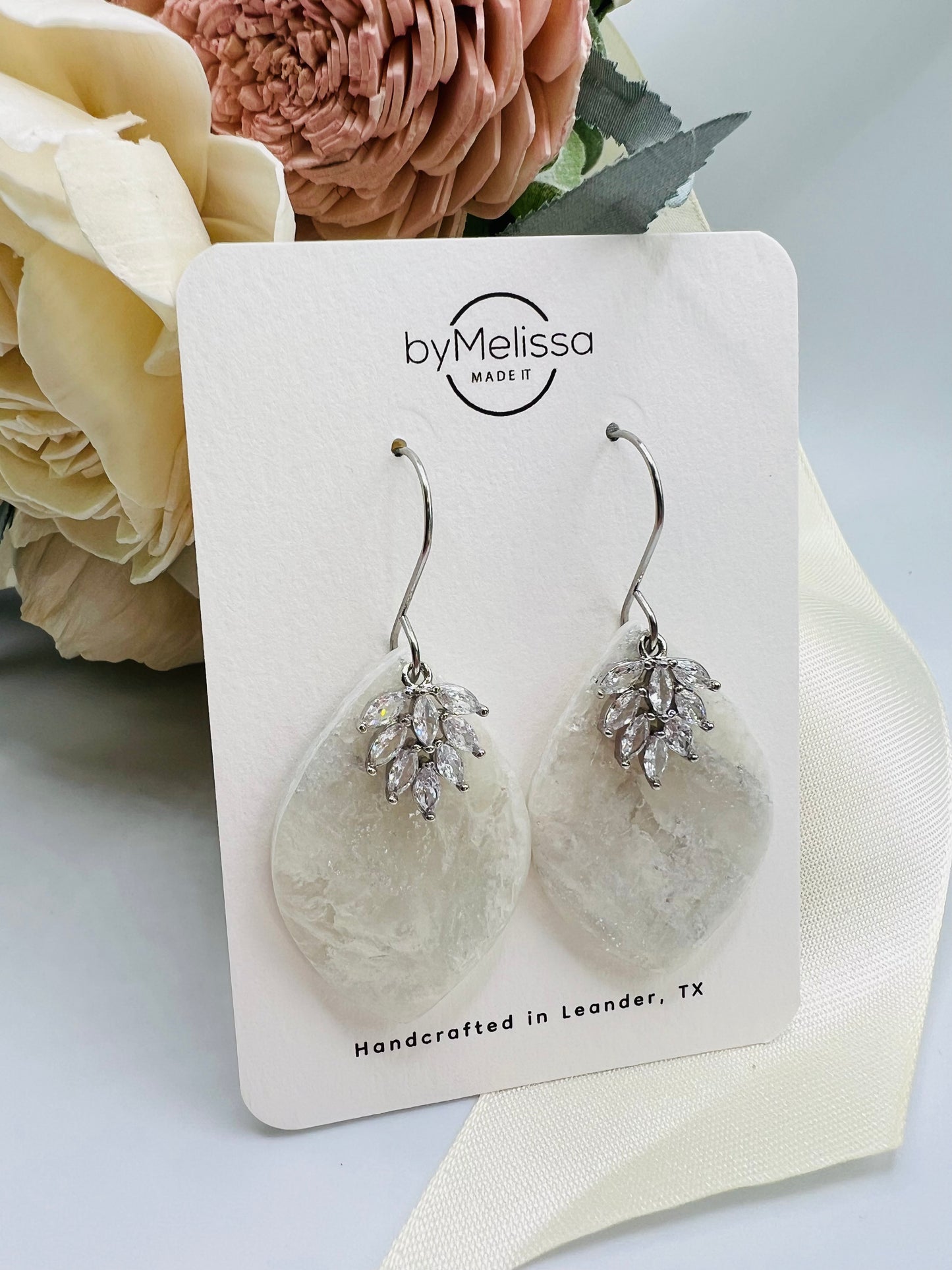 White and Silver Large Wide Leaf Drop Earring