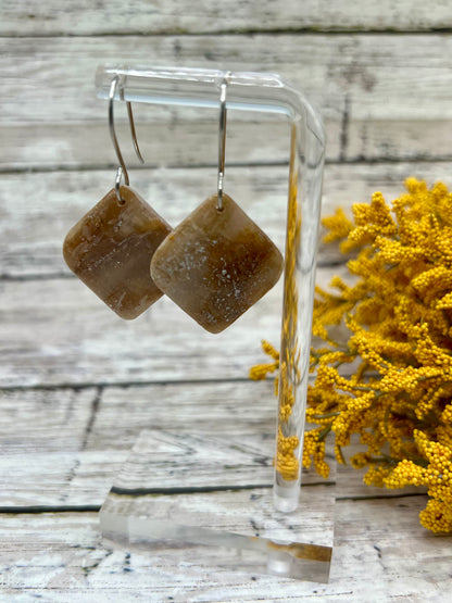 Mocha and Almond Rounded Square Drop Earrings in Silver
