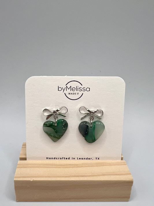 Forest Green and Black Bowknot Heart Earrings in Silver