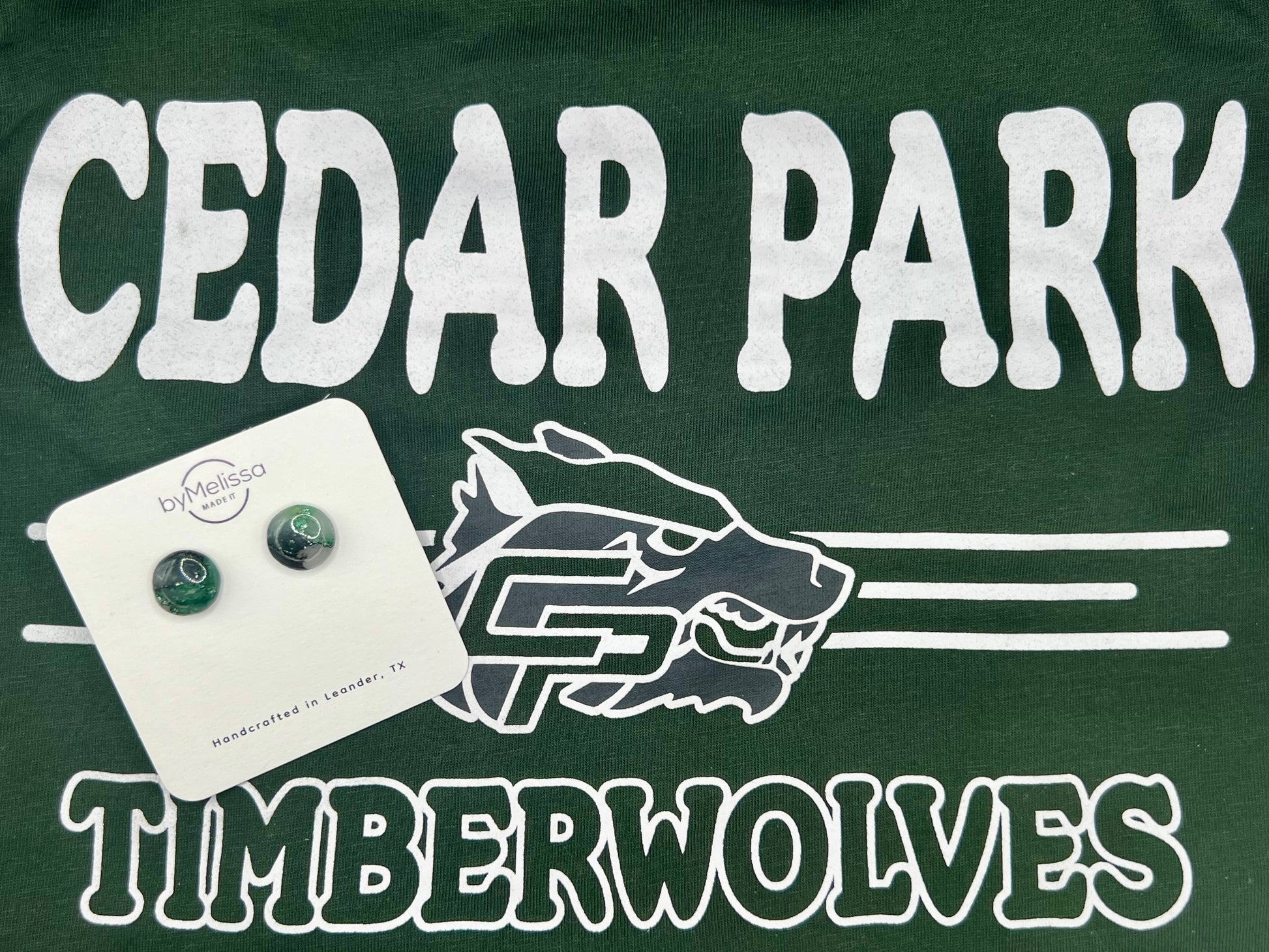 Cedar Park High School earrings, green and black CPHS spirit jewelry, Timberwolves game day accessory
