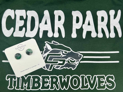 Cedar Park High School earrings, green and black CPHS spirit jewelry, Timberwolves game day accessory