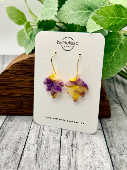 Purple and Gold Feather Drop Earrings in Gold