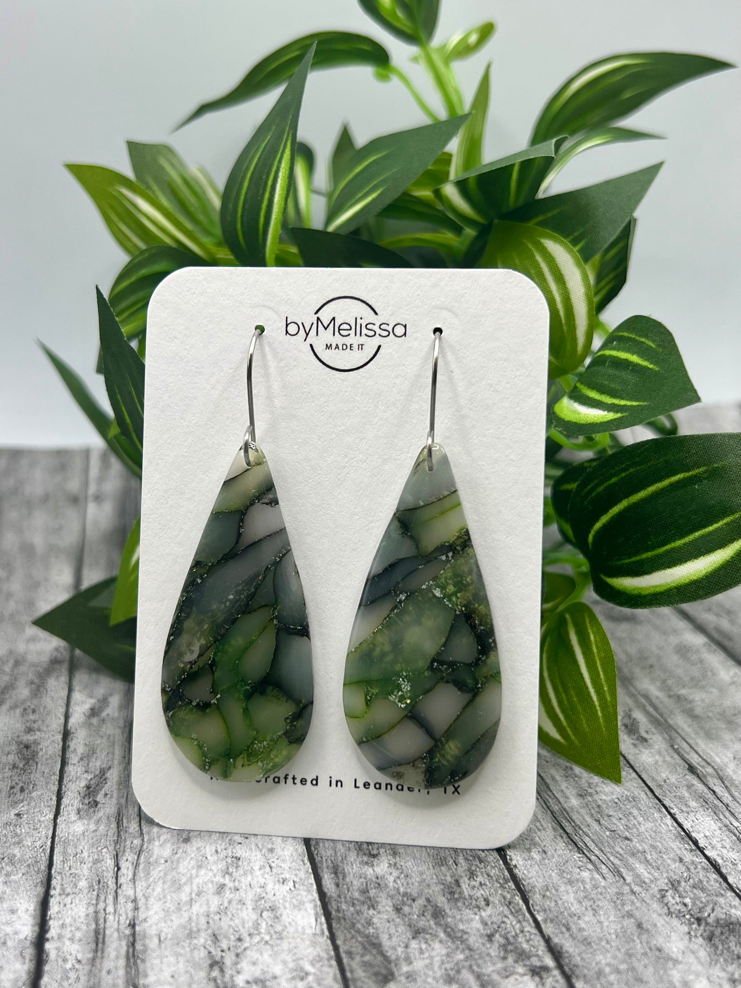 Army Green and Black Large Teardrop Drop Earrings in Silver