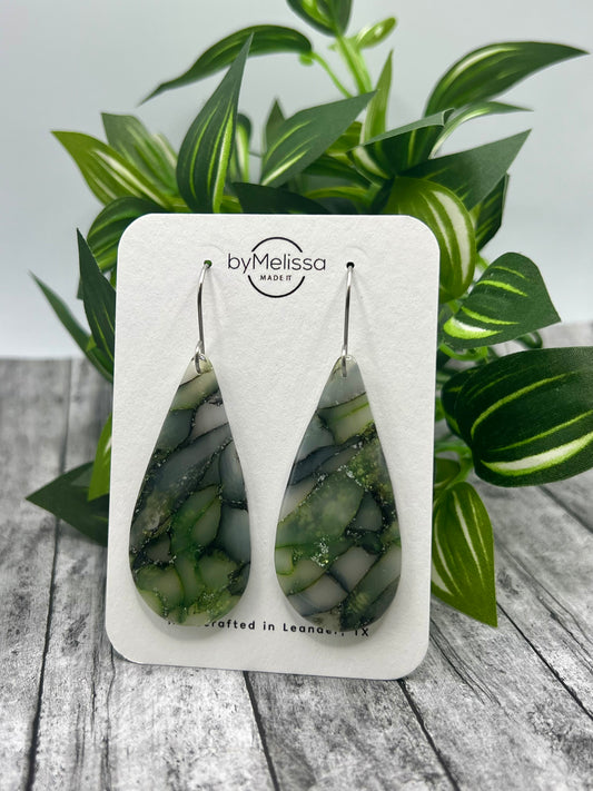 Army Green and Black Large Teardrop Drop Earrings in Silver