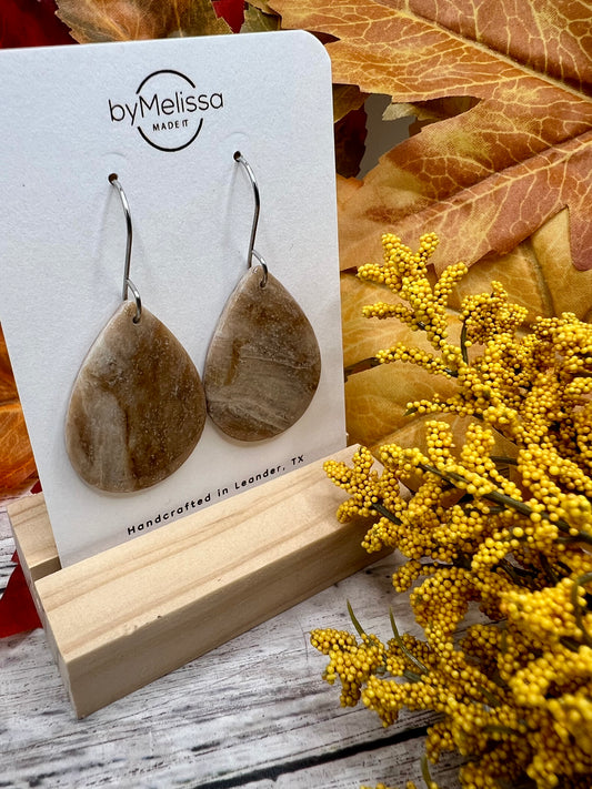 Mocha and Almond Small Wide Teardrop Drop Earrings in Silver