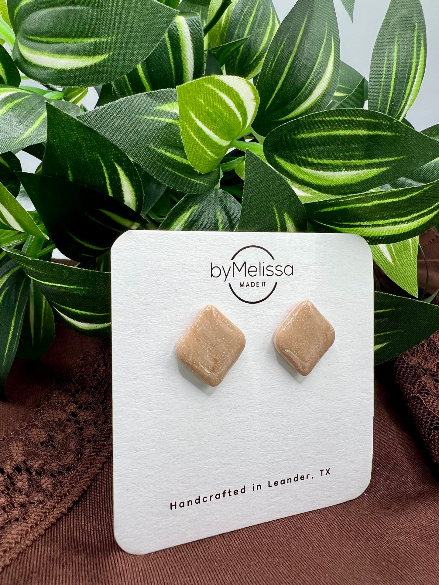 Mocha and Almond Rounded Square Stud Earrings
