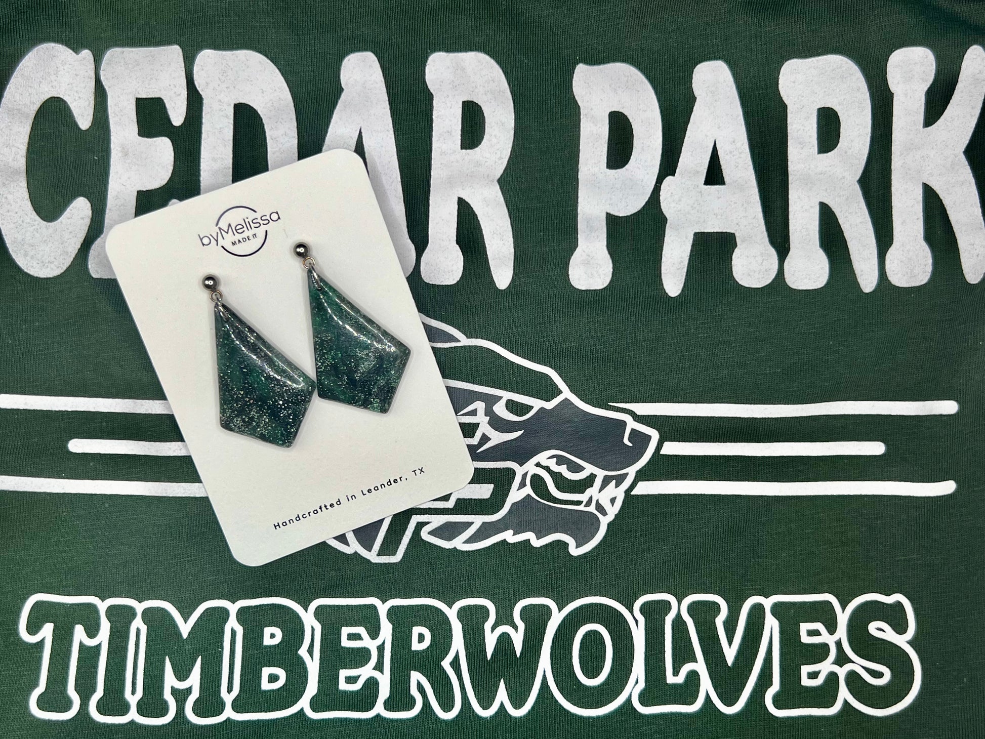 Cedar Park High School earrings, green and black CPHS spirit jewelry, Timberwolves game day accessory