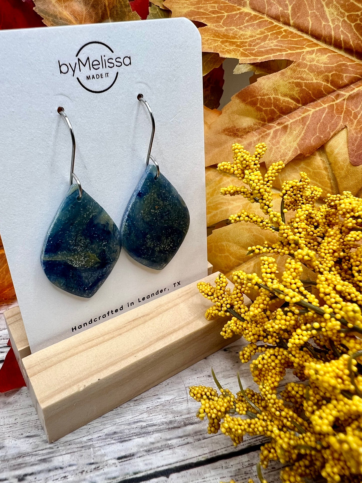 Navy and Mustard Small Wide Leaf Drop Earrings in Silver