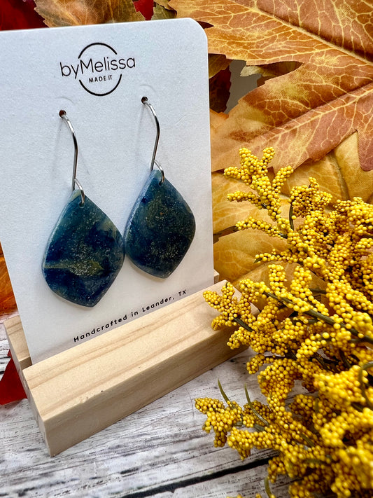 Navy and Mustard Small Wide Leaf Drop Earrings in Silver