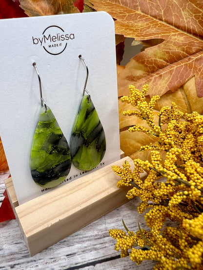 Citrus Green and Black Small Teardrop Drop Earrings in Silver