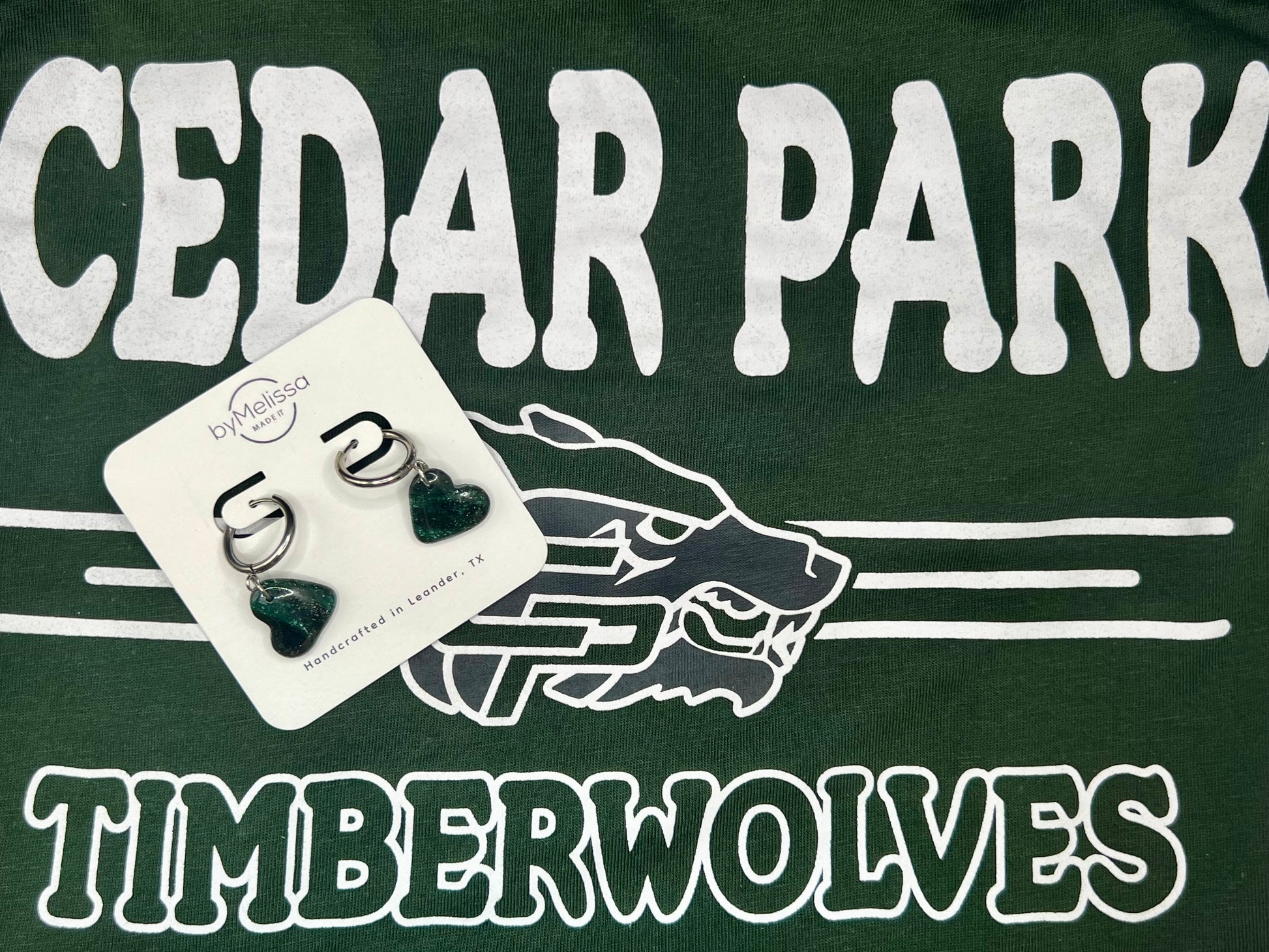 Cedar Park High School earrings, green and black CPHS spirit jewelry, Timberwolves game day accessory
