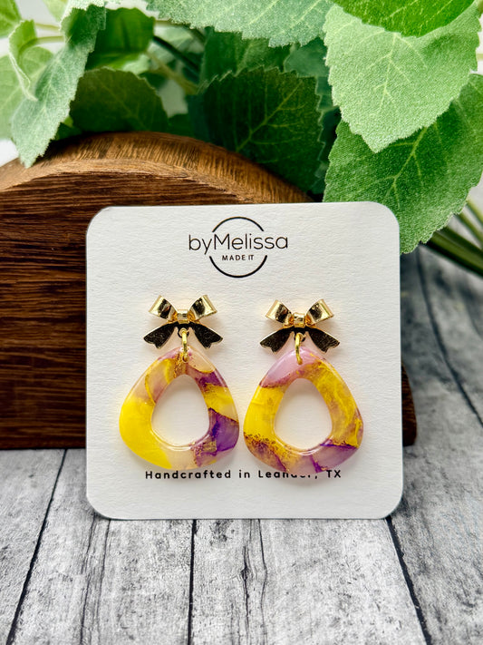 Purple and Gold Open Triangle Drop with Gold Bows