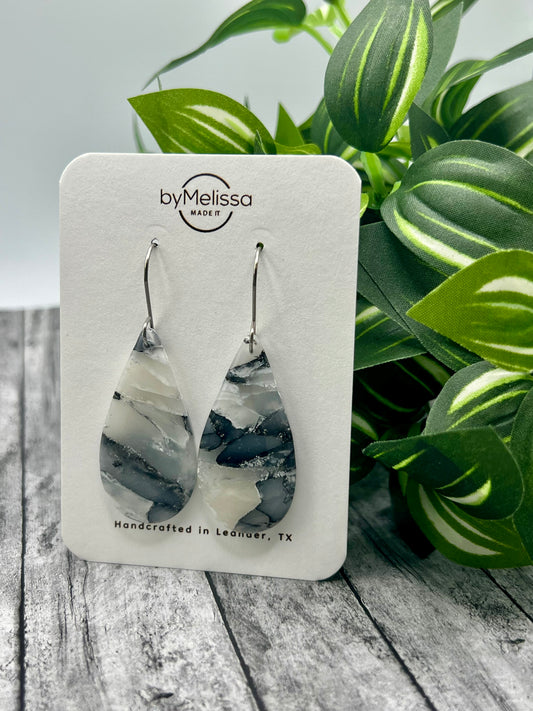 Black and White Small Teardrop Drop Earrings in Silver