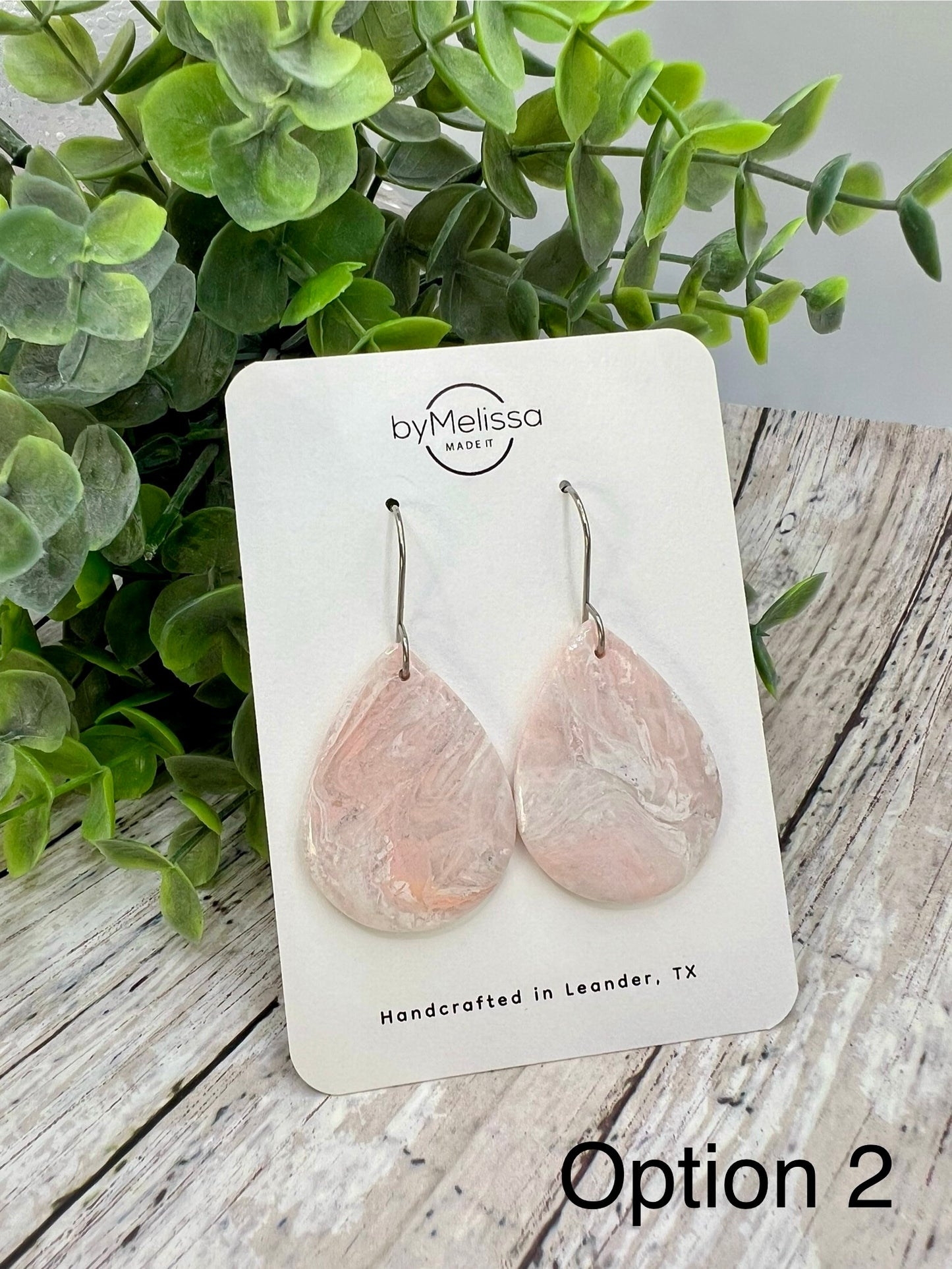 Blush Pink and White Small Wide Teardrop Drop Earrings in Silver