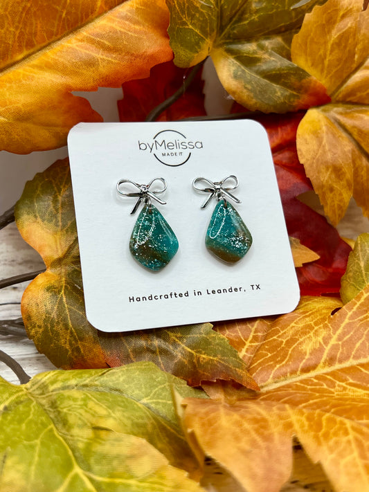 Mocha and Teal Petite Kite Bowknot Earrings in Silver