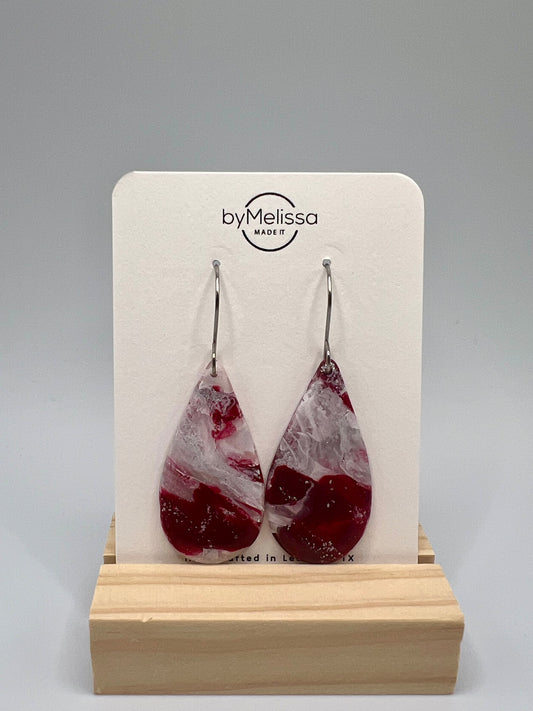 Maroon and White Small Teardrop Drop Earrings in Silver