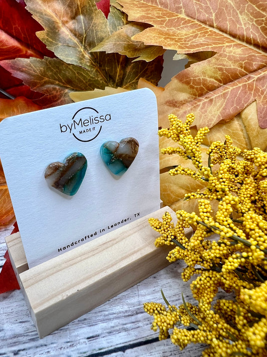 Mocha and Teal Heart Stud Earrings