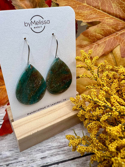 Mocha and Teal Small Wide Teardrop Drop Earrings in Silver