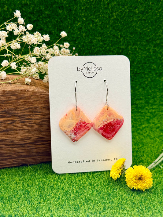Red and Orange Small Rounded Square Drop Earrings in Silver