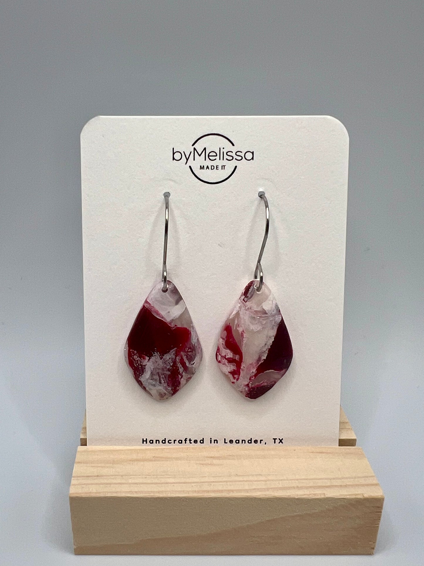 Maroon and White Small Kite Drop Earrings in Silver