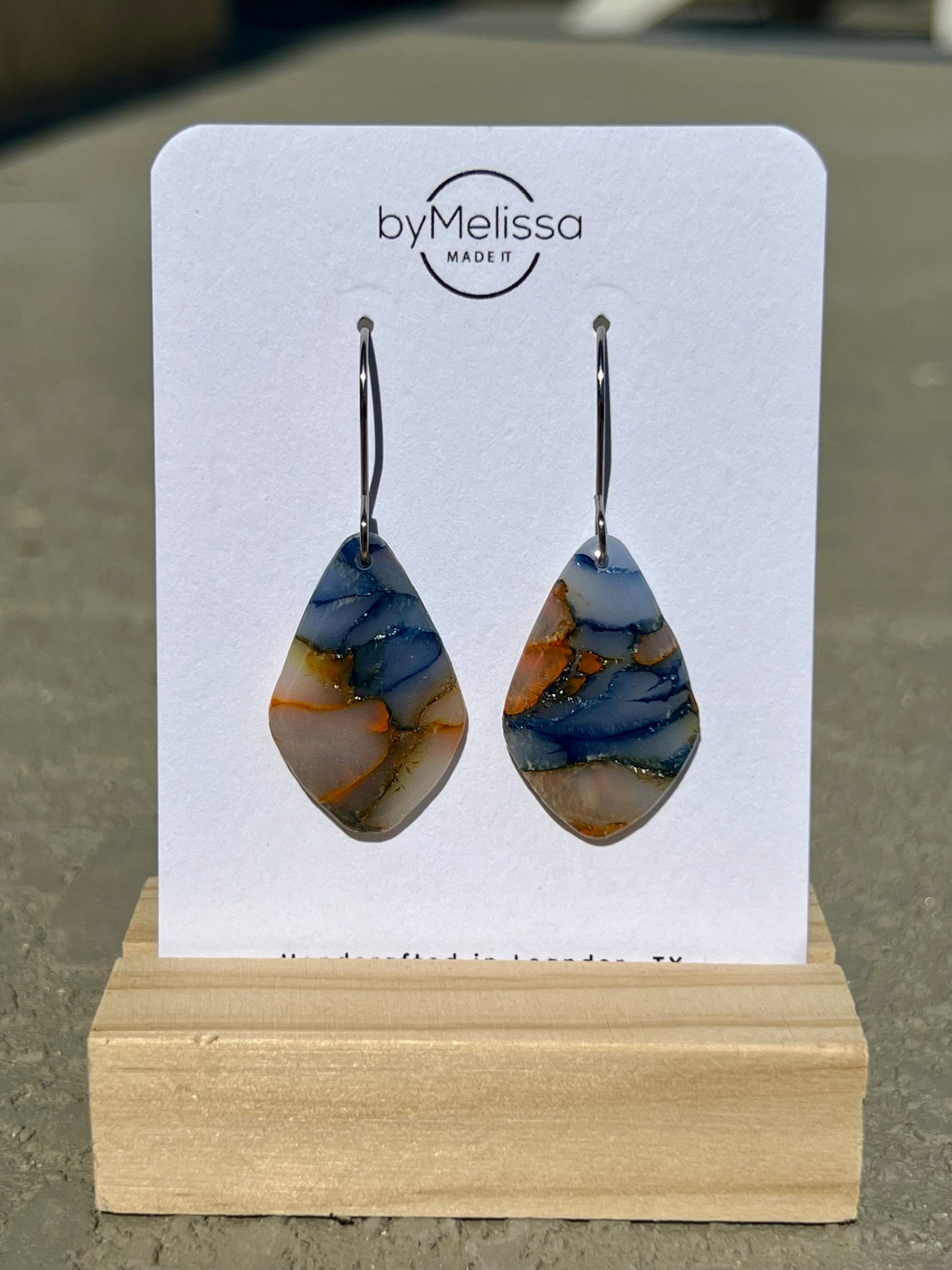 Navy and Orange Small Kite Drop Earrings in Silver