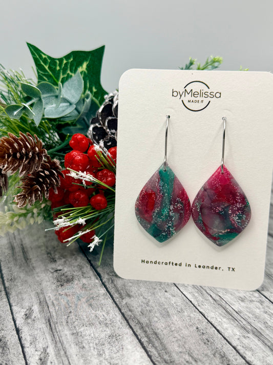 Red and Green Small Wide Leaf Drop Earrings in Silver