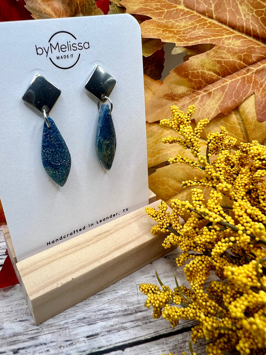 Navy and Mustard Petite Elongated Kite Silver Diamond Stud Earrings