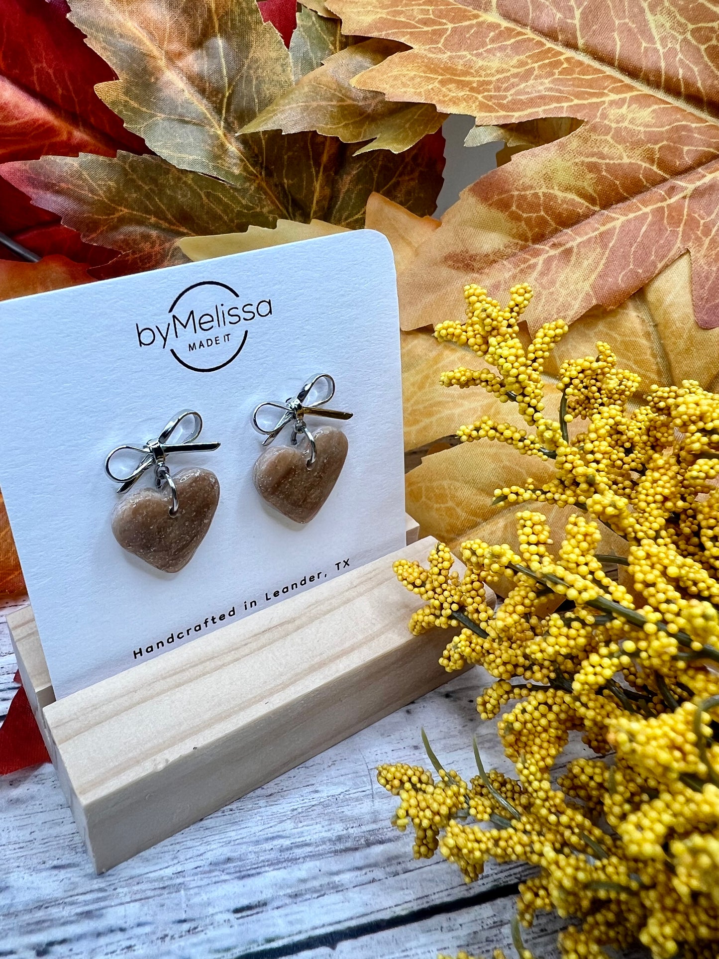 Mocha and Almond Heart Bowknot Earrings in Silver