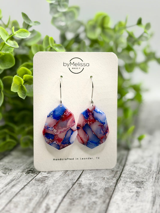 Red and Blue Small Octagon Drop Earrings in Silver