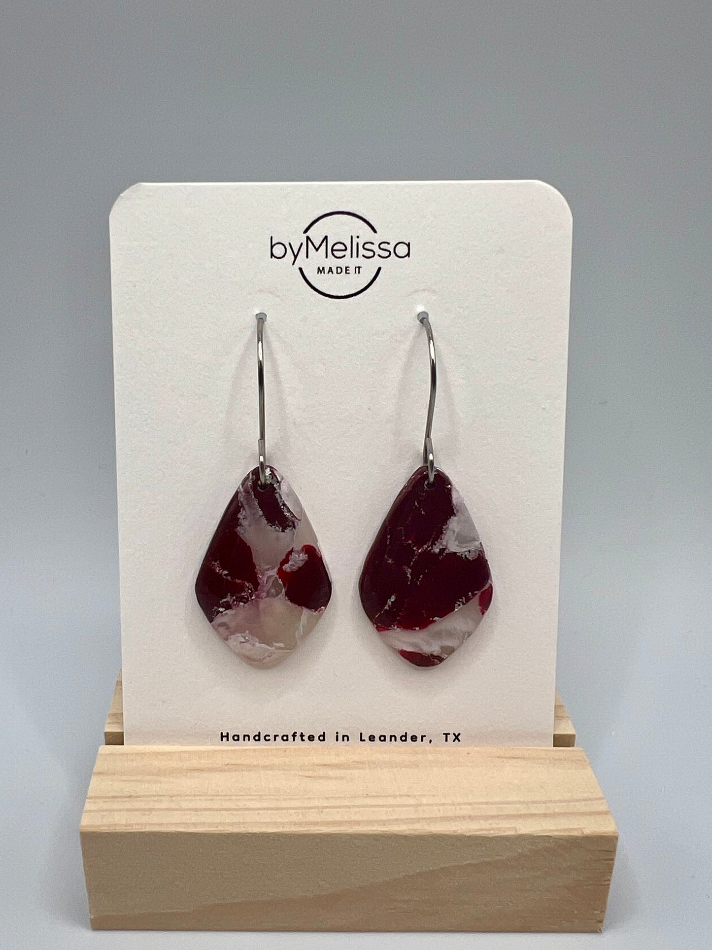 Maroon and White Small Kite Drop Earrings in Silver