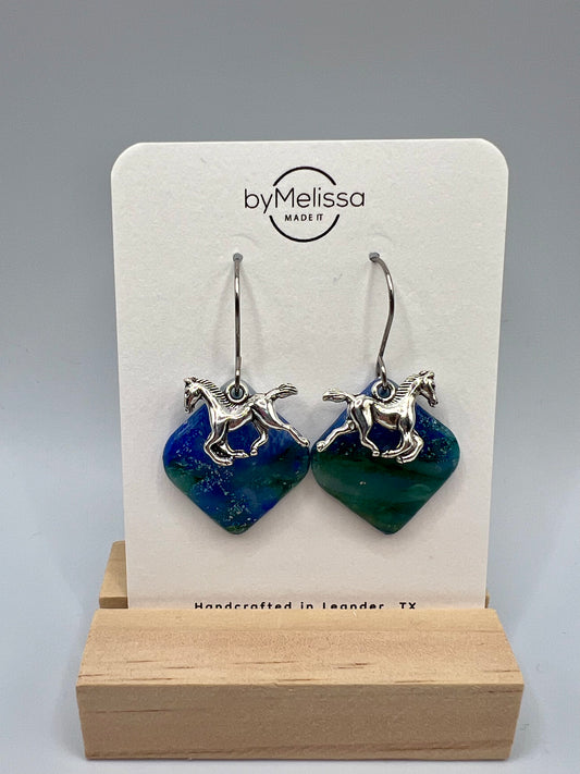 Forest Green and Blue Small Rounded Square Drop Earrings in Silver with Horse Charm