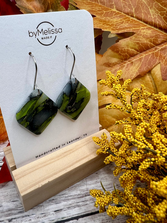 Citrus Green and Black Small Rounded Square Drop Earrings in Silver