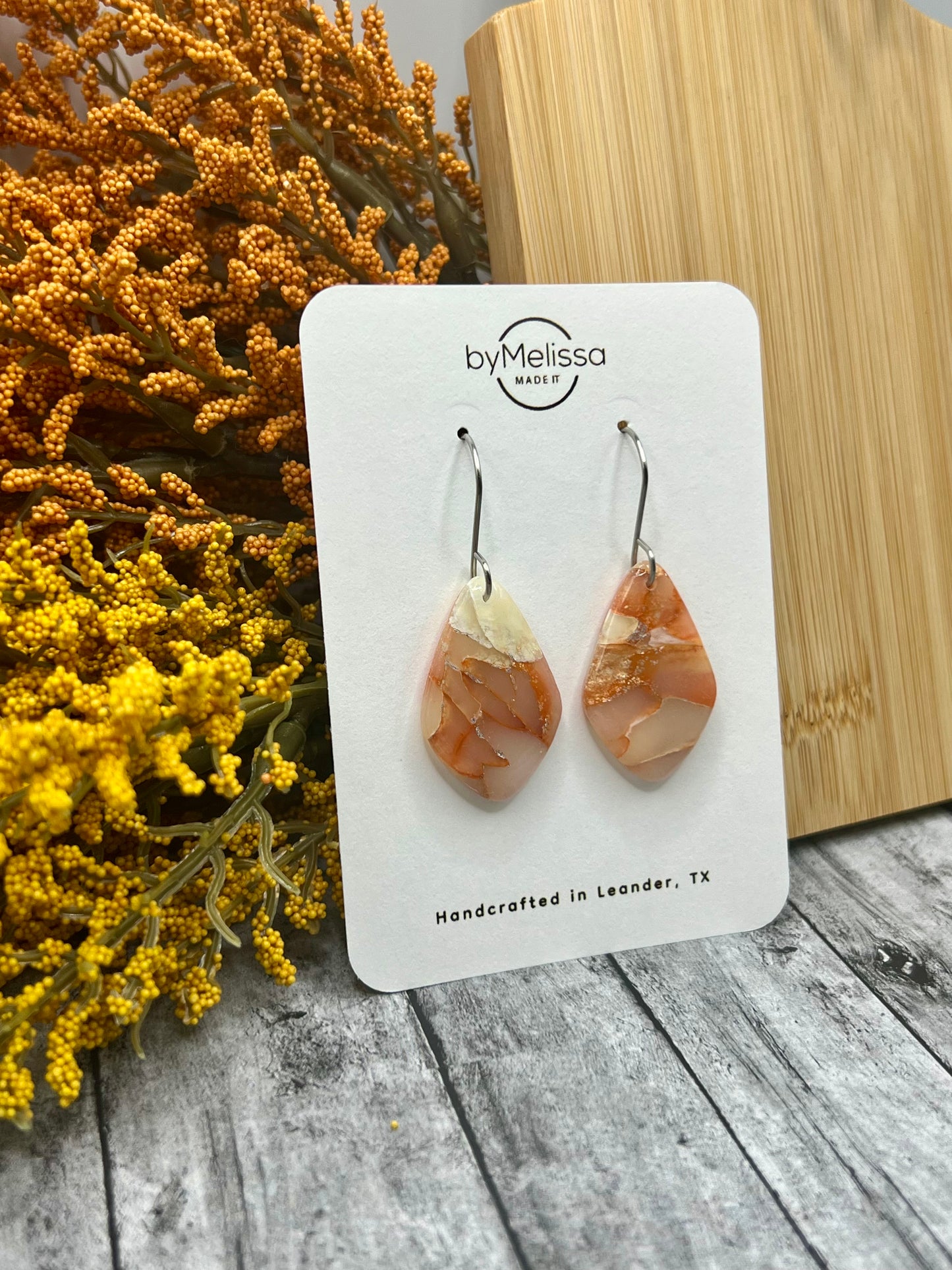 Orange and White Small Kite Drop Earrings in Silver