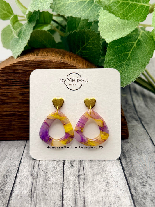 Purple and Gold Open Triangle Drop with Gold Heart Studs