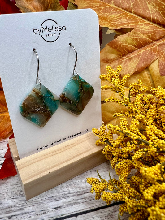 Mocha and Teal Rounded Square Drop Earrings in Silver